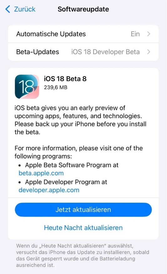 武安苹果手机维修分享苹果 iOS / iPadOS 18 开发者预览版 Beta 8 发布 